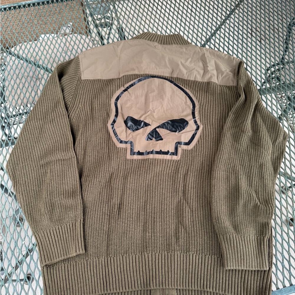 Harley Davidson Olive Full Zip Knit Sweater Willie G Skull Cotton Wool Mens XL